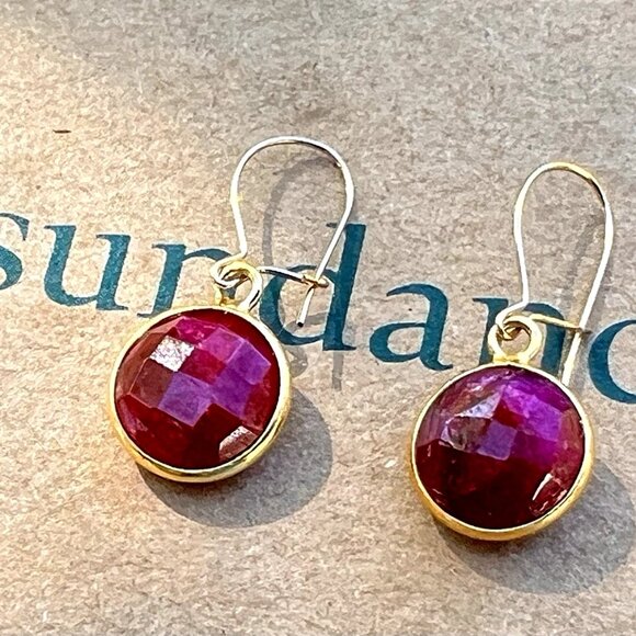 Sundance $128 NEW 1" RED RUBY 14kt Gold GF JULY BIRTHSTONE XMAS Faceted Earrings - Picture 1 of 7